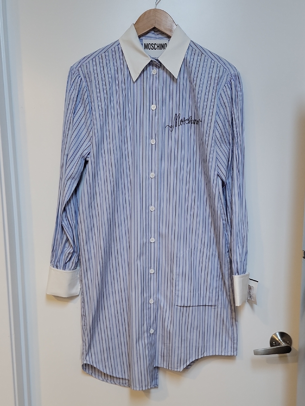 Moschino Couture!  Light Blue & White Striped Asymmetrical Shirt Dress - Picture 7 of 12